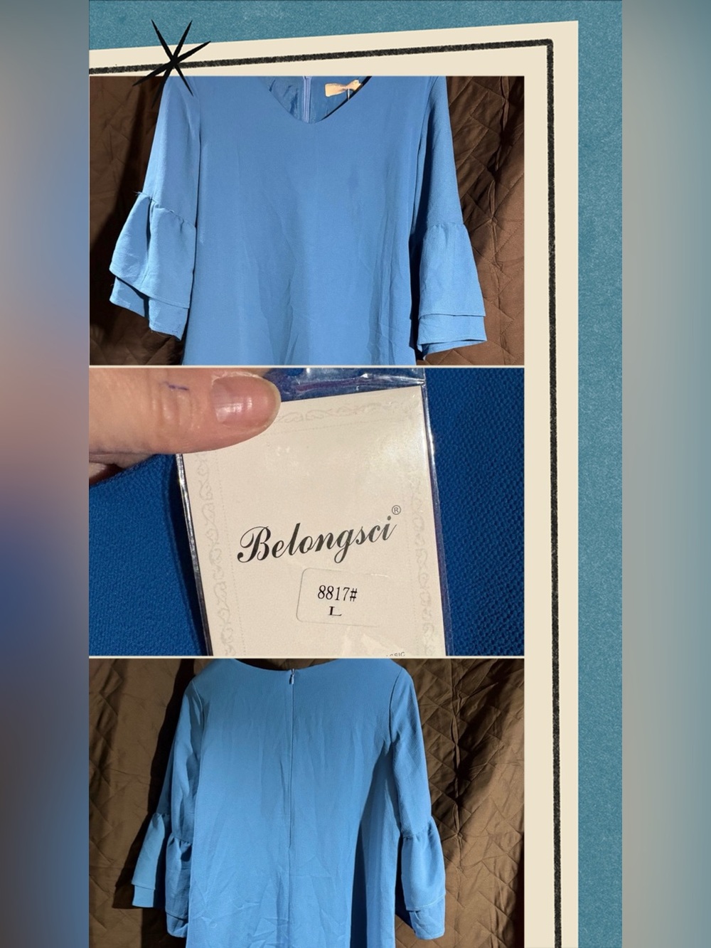 Belongsci Elegant Blue Ruffled Flutter Sleeve Dress #1315